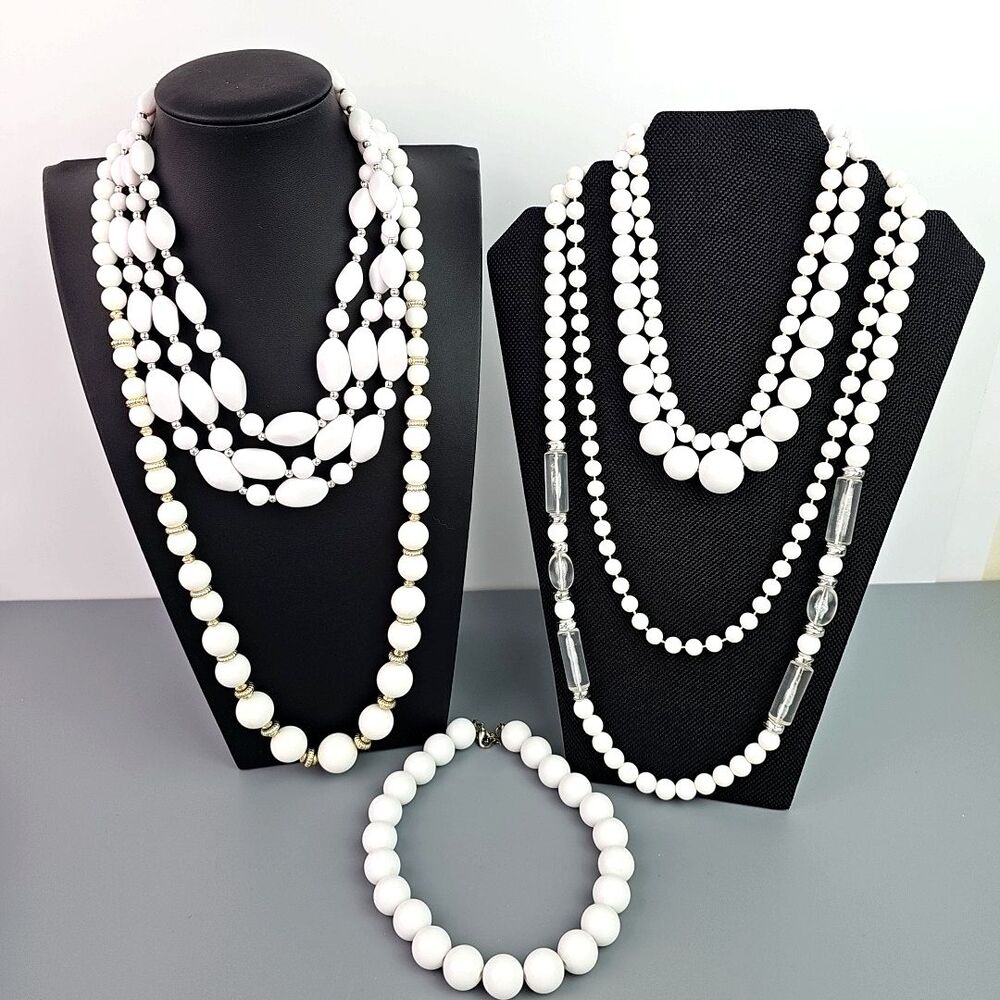 Vintage Necklace Lot of 7 White Bead Muliti Sizes Round Oval Beads
